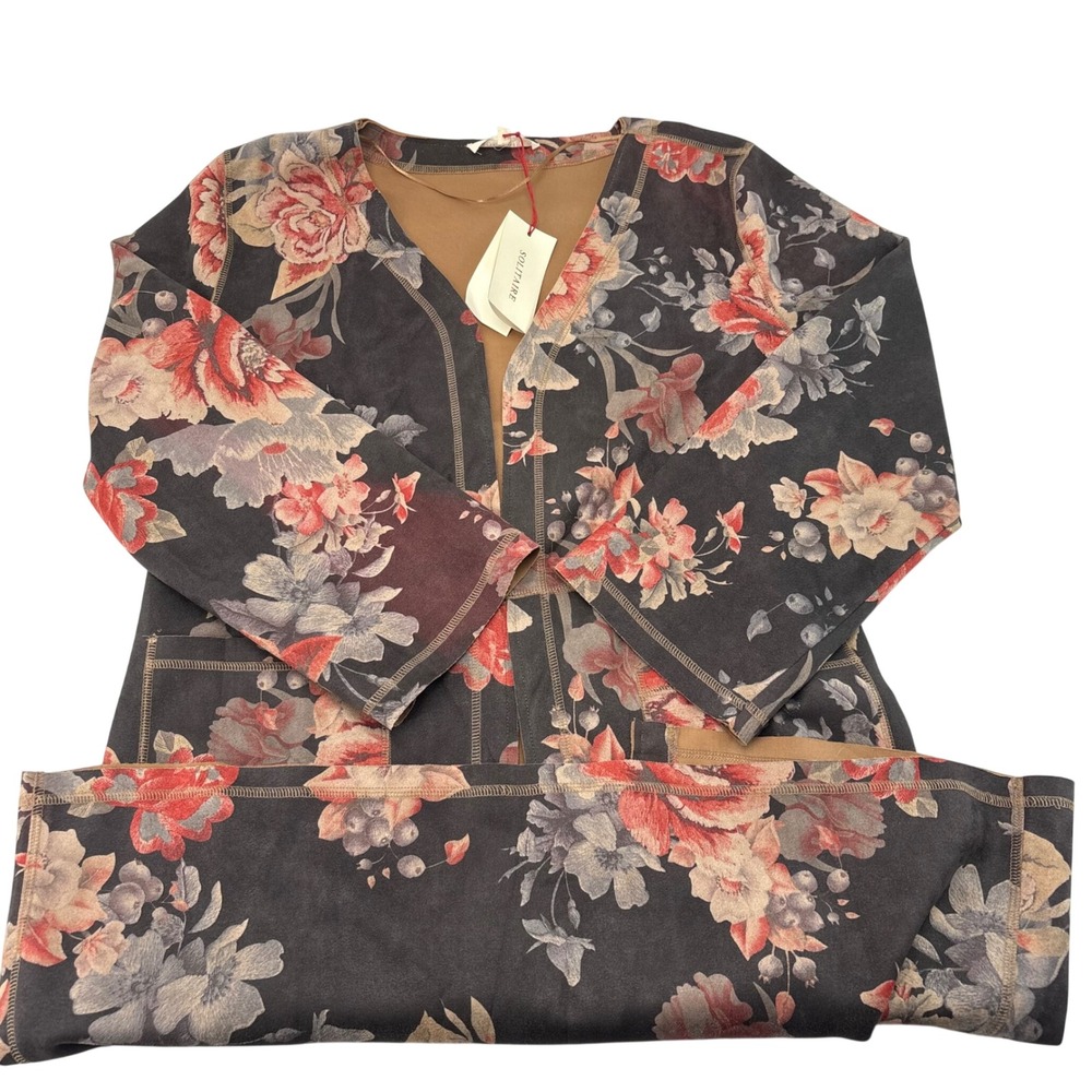 Solitaire Women Floral Open Front Faux Suede Cardigan Jacket Charcoal Red L NEW